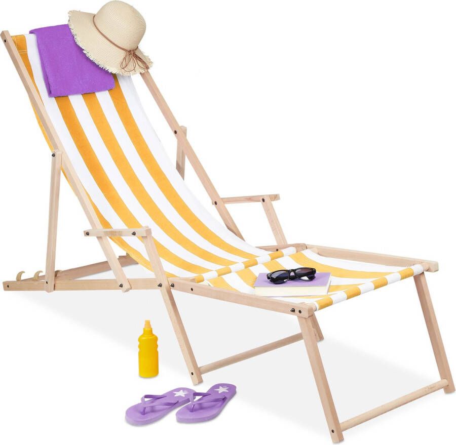Relaxdays strandstoel hout verstelbare ligstoel gestreept tuinstoel tot 120 kg wit-geel