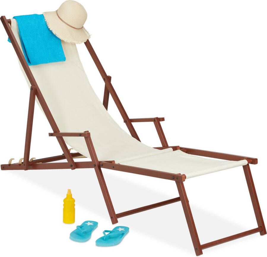 Relaxdays strandstoel hout voetensteun relaxstoel tuinstoel ligstoel verstelbaar beige