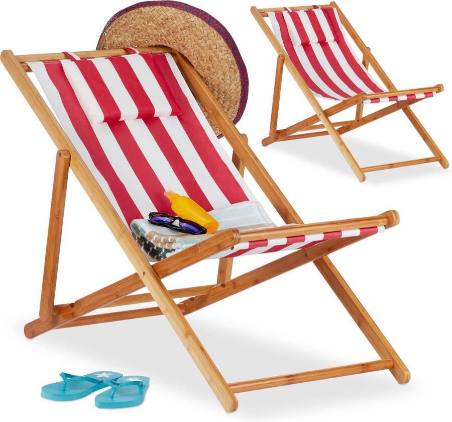 Relaxdays Strandstoel set van 2 ligstoel kampeerstoel tuinstoel gestreept bamboe rood-strip