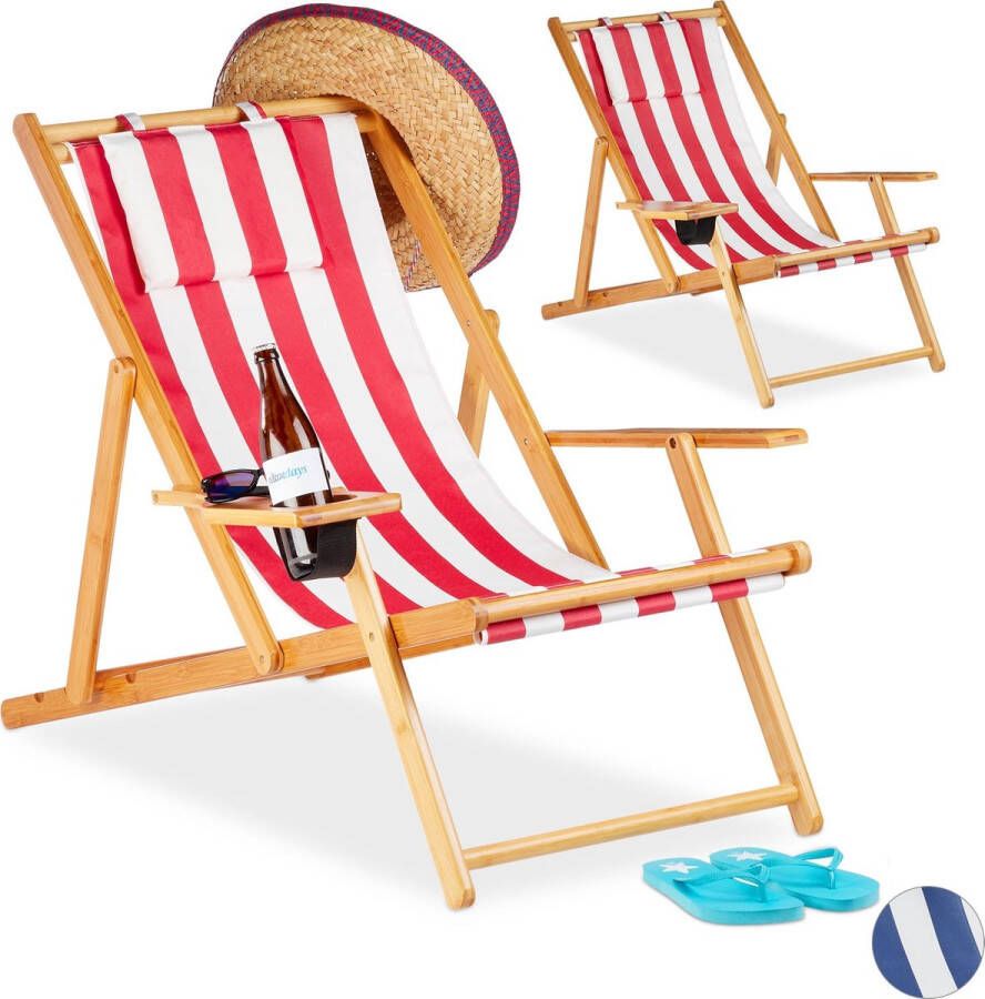 Relaxdays Strandstoel set van 2 ligstoel tuinstoel inklapbaar gestreept rood-strip