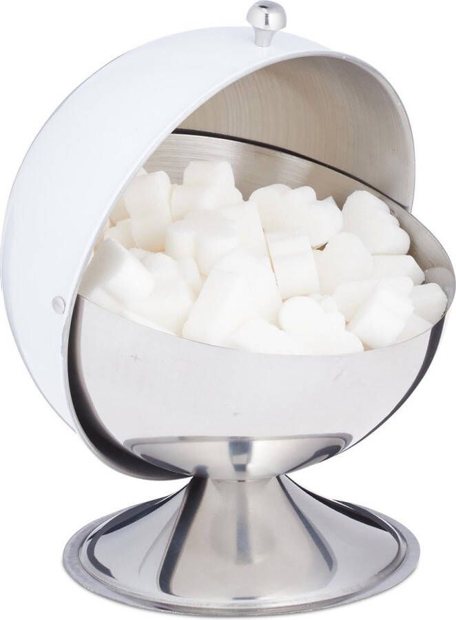 Relaxdays suikerpot met deksel suikerpotje bonbonnière snoeppot rvs voorraadpot wit
