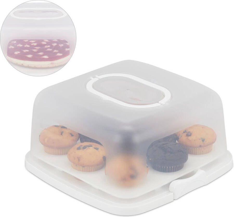 Relaxdays taartdoos kunststof taart bewaardoos cakedoos muffins transportbox wit