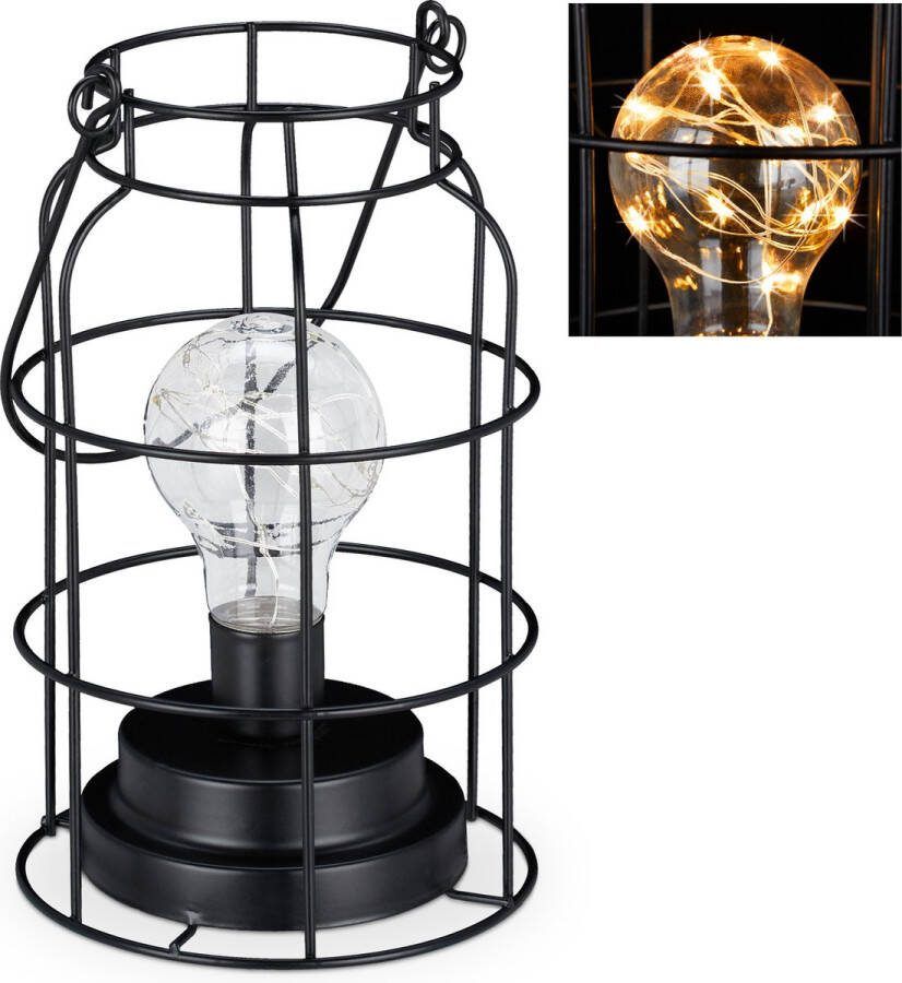 Relaxdays tafellamp op batterijen industrieel led lamp vintage nachtlamp zwart