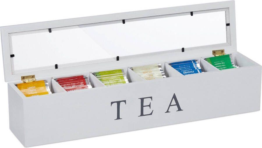 Relaxdays theedoos 6 vaks bamboe theebox thee bewaardoos smal witte thee organizer