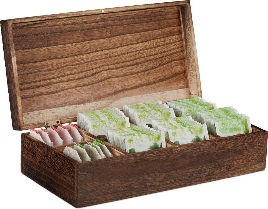 Relaxdays theedoos 8 vakken theekist voor 80 theezakjes houten theebox met deksel