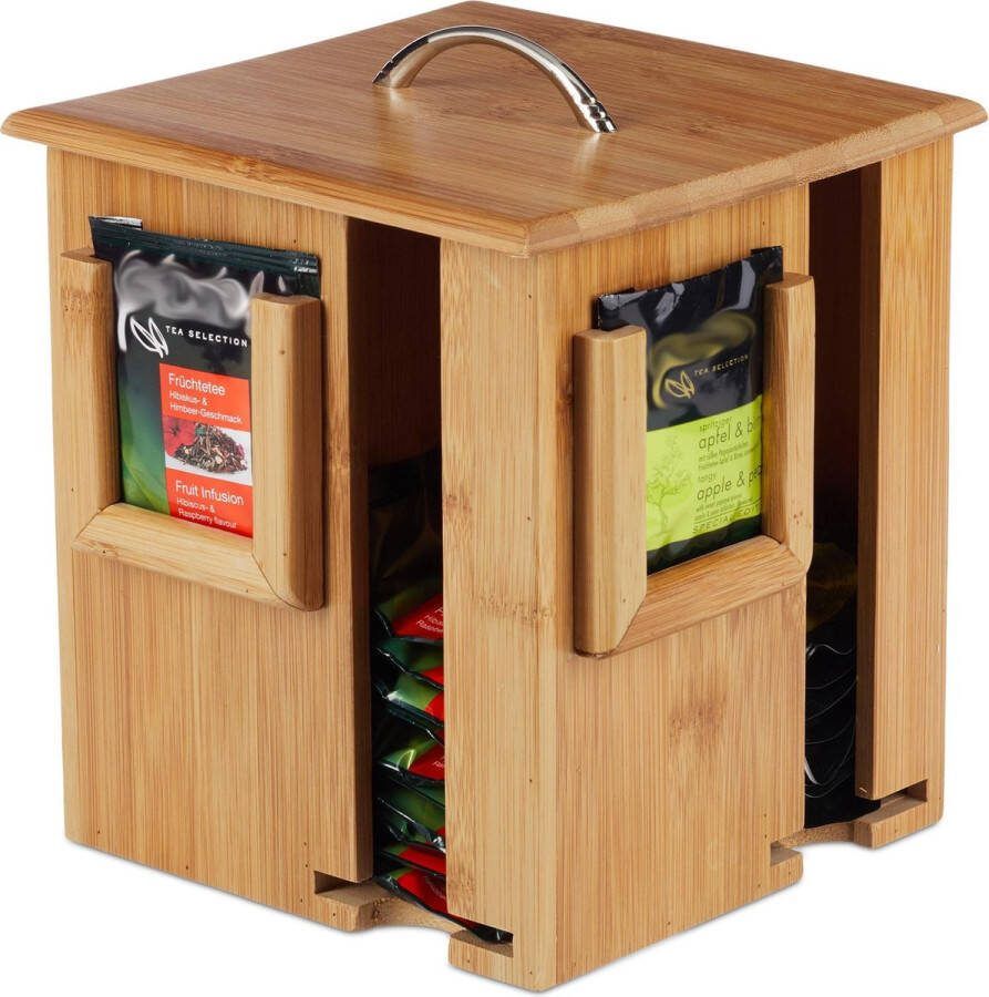 Relaxdays theedoos hout 4 vakken bamboe theekist draaibaar theebox