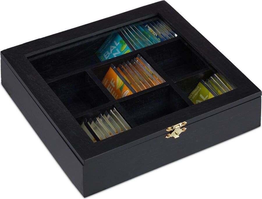 Relaxdays theedoos theekist 7 vakken grote thee bewaardoos thee organizer theebox zwart