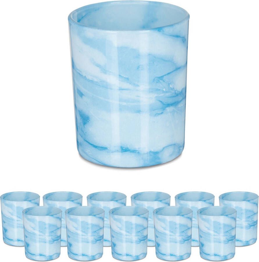 Relaxdays theelichthouders set van 12 kaarsjeshouders glas marmer look blauw