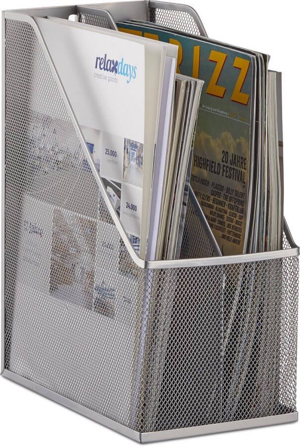 Relaxdays tijdschriftenhouder metaal 2 vakken tijdschriftencassette A4 sorteerbak zilver