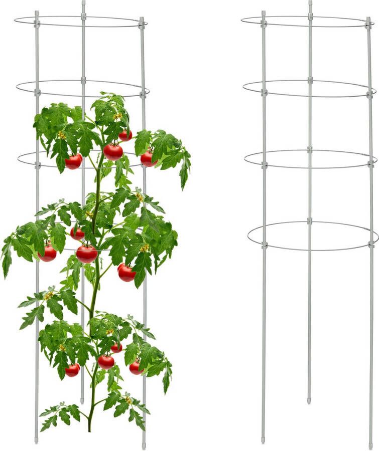 Relaxdays tomatensteun set van 2 klimsteun 90 cm plantensteun 4 ringen grijs