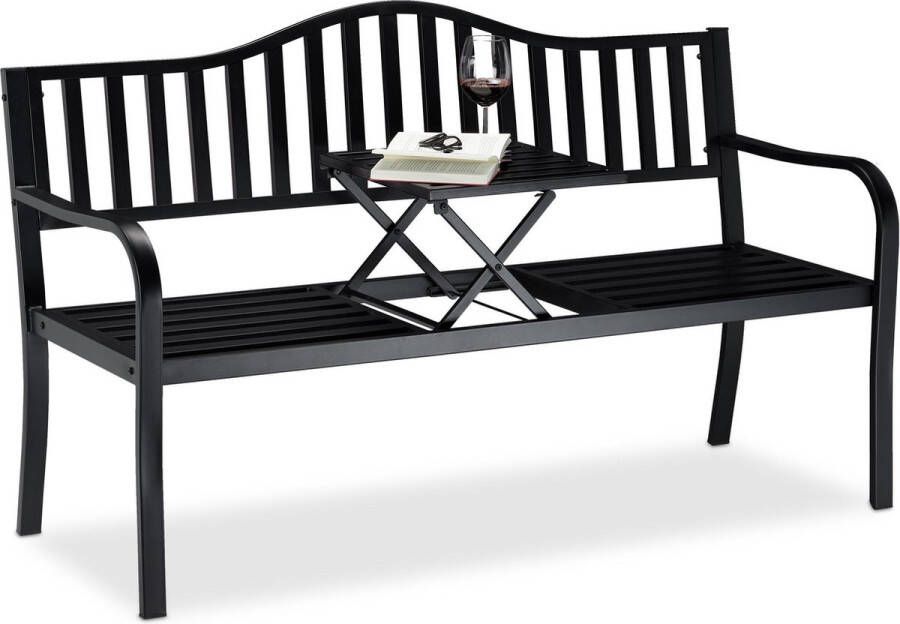 Relaxdays Tuinbank met opklapbaar tafeltje zitbank buitenbank 3 persoons metaal