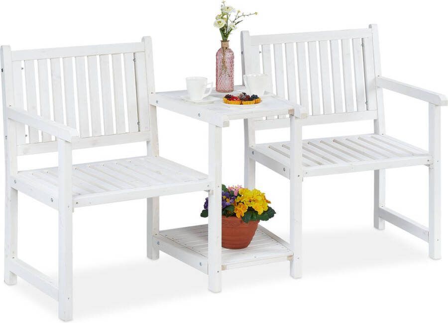 Relaxdays tuinbank met tafel witte buitenbank hout zitbank buiten 2-zits balkonbank