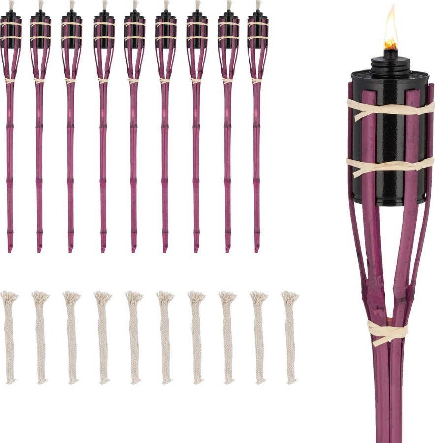 Relaxdays tuinfakkels set van 10 bamboe fakkels tuin 70 cm oliefakkels buiten roze