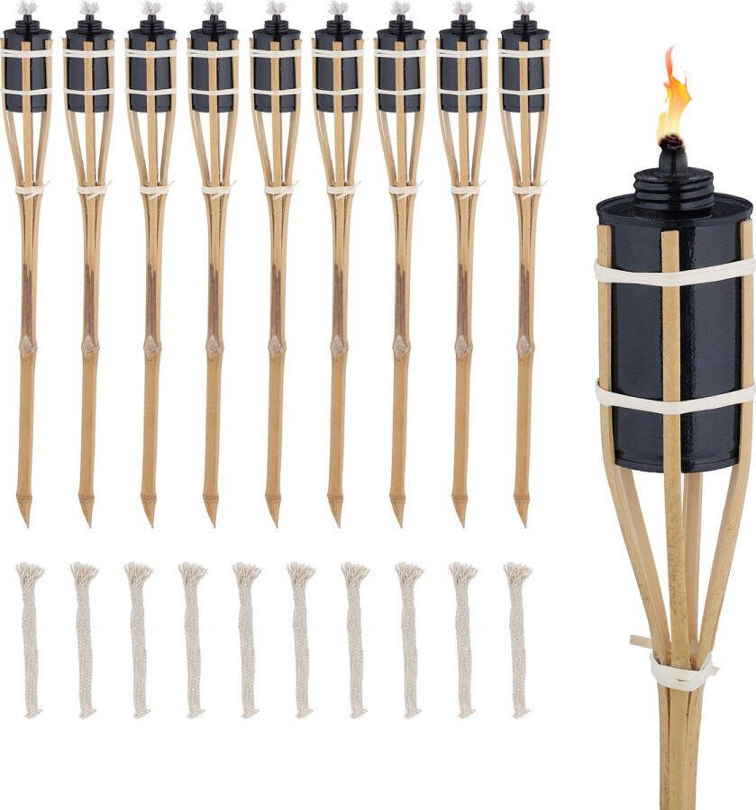 Relaxdays tuinfakkels set van 10 bamboe oliefakkels 60 cm terrasfakkels natuur