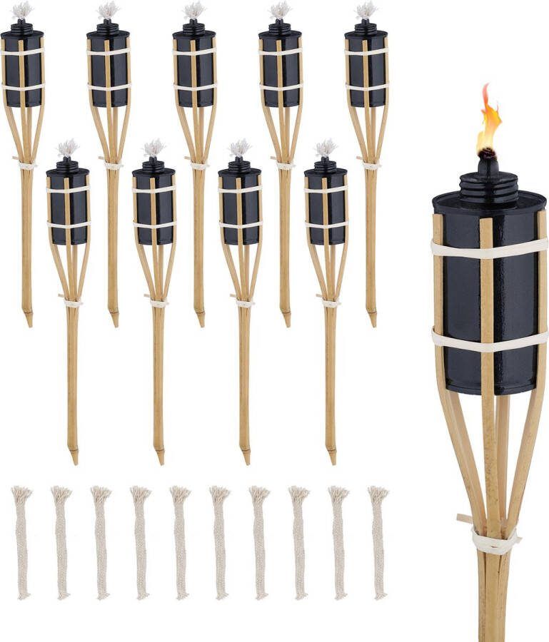 Relaxdays tuinfakkels set van 10 oliefakkels 40 cm bamboe fakkels natuur