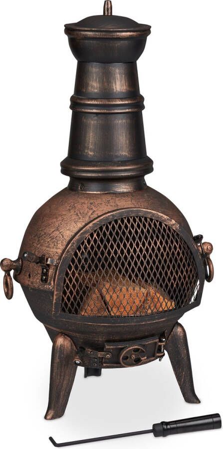 Relaxdays Tuinhaard brons vuurhaard met vonkenscherm gietijzer inclusief pook