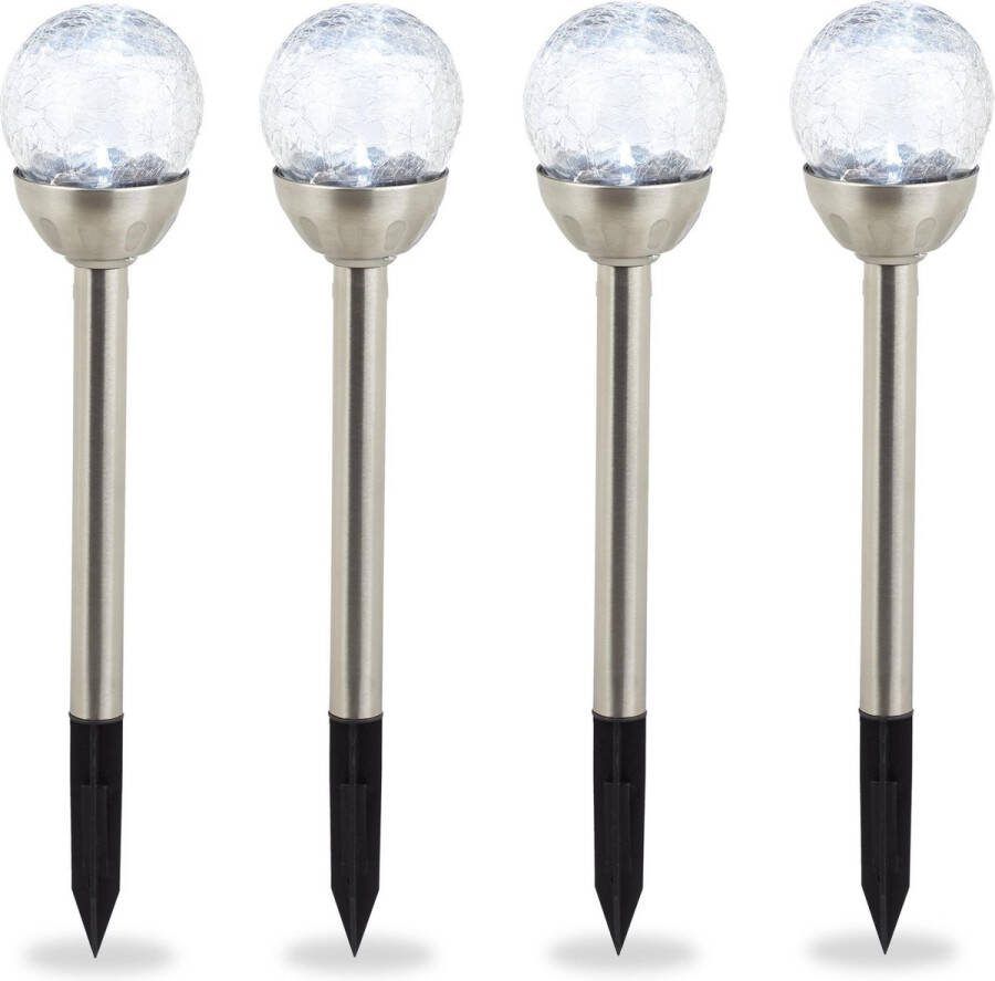 Relaxdays tuinlampen set van 4 lichtbollen glas solarlampen LED buitenlampen Wit licht
