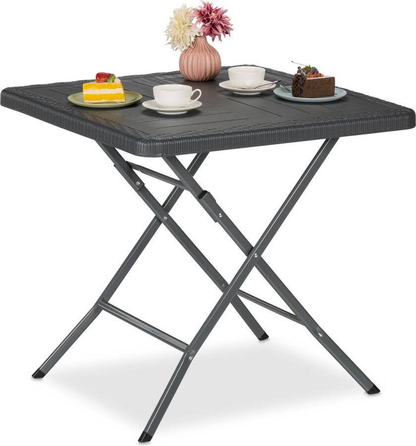 Relaxdays tuintafel met houtlook inklapbaar kunststof & staal 74 x 78 x 78 cm tuin grijs