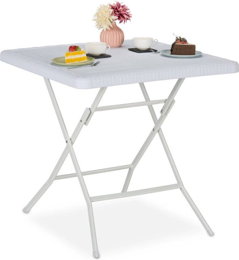 Relaxdays tuintafel met houtlook inklapbaar kunststof & staal 74 x 78 x 78 cm tuin wit