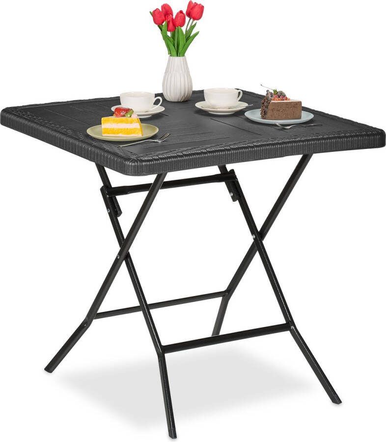 Relaxdays tuintafel met houtlook inklapbaar kunststof & staal 74 x 78 x 78 cm tuin zwart