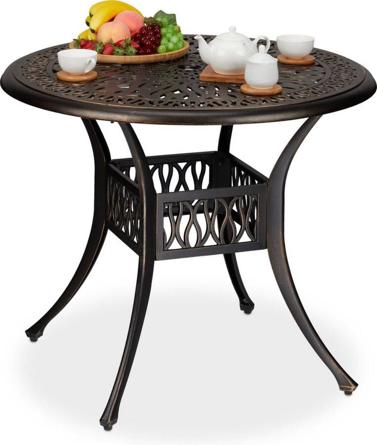 Relaxdays Tuintafel rond balkontafel met parasolgat koffietafel bijzettafel tuin zwart-brons
