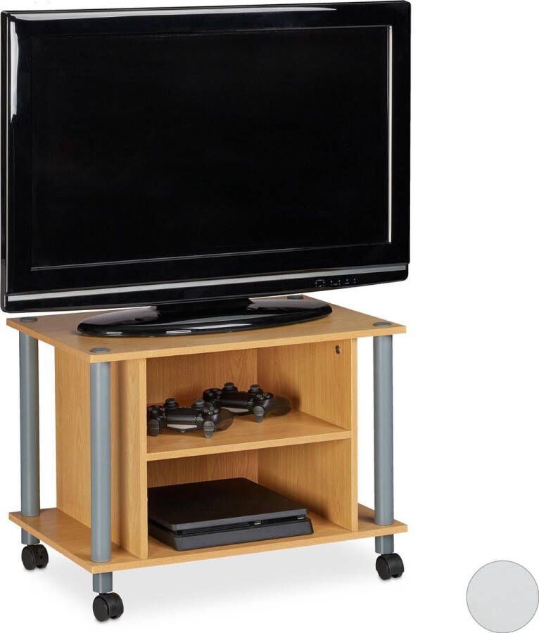 Relaxdays tv-kast verrijdbaar tv meubel 4 wielen 2 vakken televisietafel houtlook