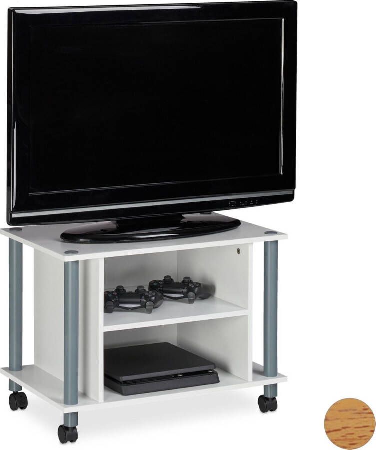 Relaxdays tv-kast verrijdbaar tv meubel 4 wielen 2 vakken televisietafel wit