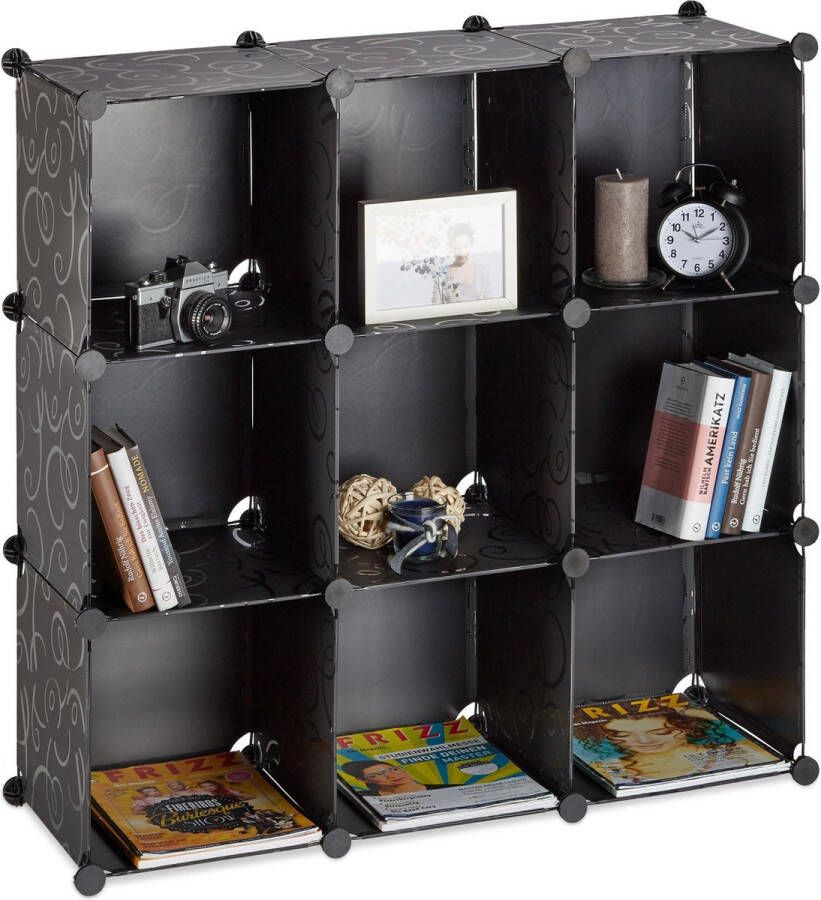 Relaxdays vakkenkast 9 vakken roomdivider kunststof open boekenkast steekverbinding zwart