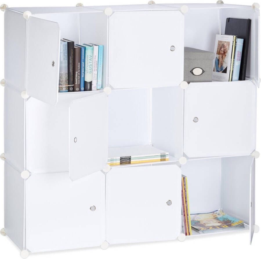 Relaxdays vakkenkast met deuren roomdivider kunststof boekenkast 9 vakken open kast wit