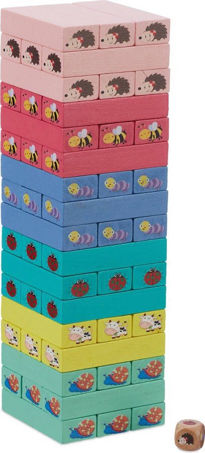 Relaxdays vallende toren gekleurd kinderen dieren houten toren spel wiebeltoren