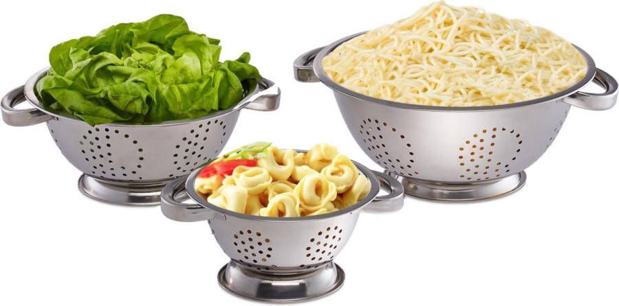 Relaxdays Vergiet set van 3 keukenzeef pasta vergiet roestvrij staal zeef keuken