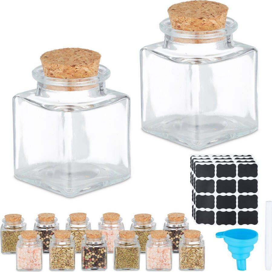 Relaxdays vierkante kruidenpotjes kurken deksel 50 ml glazen potjes keukenpotjes set van 16