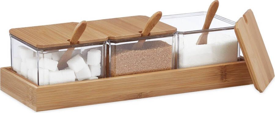 Relaxdays vierkante kruidenpotjes met lepel en deksel set van 3 suikerpotjes zoutpotje doorzichtig