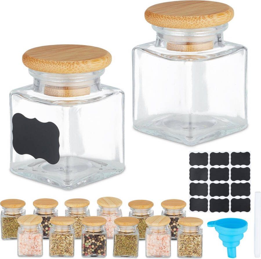 Relaxdays vierkante kruidenpotjes set bamboe deksel glazen potjes met etiket 50 ml set van 14