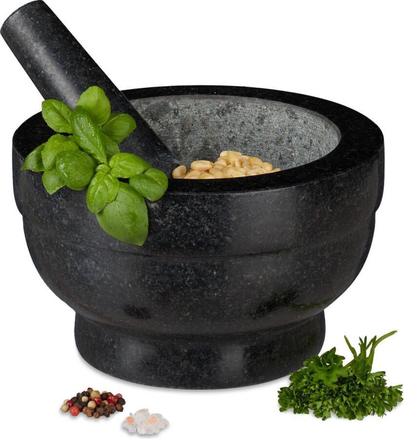 Relaxdays vijzel en stamper graniet kruidenstamper kruiden vermaler mortier 1 l
