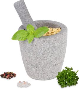 Relaxdays vijzel met stamper graniet 12 cm stenen mortier keuken kruiden malen