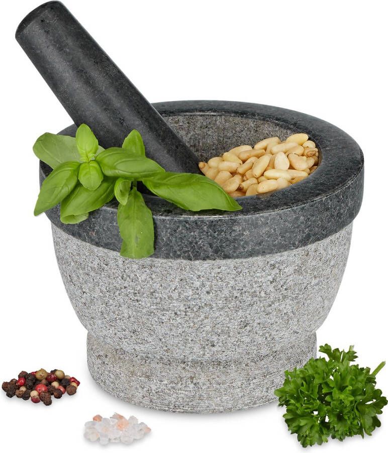 Relaxdays vijzel met stamper graniet 14 cm mortier steen aanrecht keuken