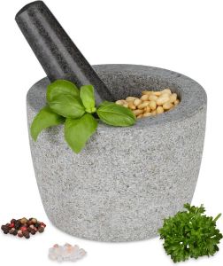 Relaxdays vijzel met stamper graniet 14 cm stenen mortier kruiden malen keuken