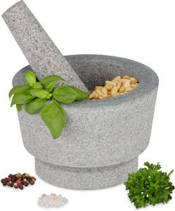 Relaxdays vijzel met stamper graniet 15 cm stenen mortier kruiden malen keuken