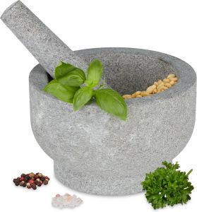 Relaxdays vijzel met stamper graniet 18 cm mortier steen groot keuken aanrecht