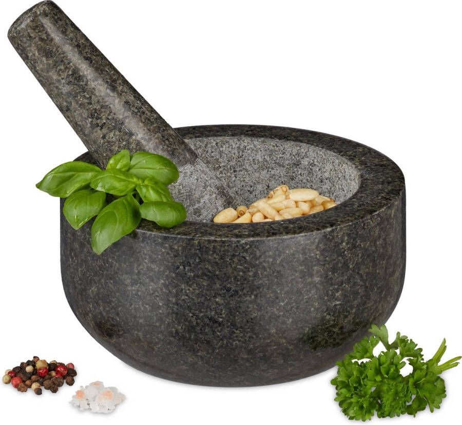 Relaxdays vijzel met stamper kruiden vermaler grijs 16 cm mortier steenmortel