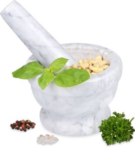Relaxdays vijzel met stamper marmer 15 cm kruidenstamper mortier keukenvijzel