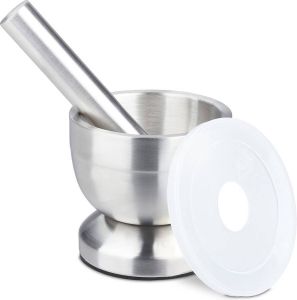 Relaxdays Vijzel met stamper rvs mortier kruidenstamper slipvast deksel Ø 10 cm