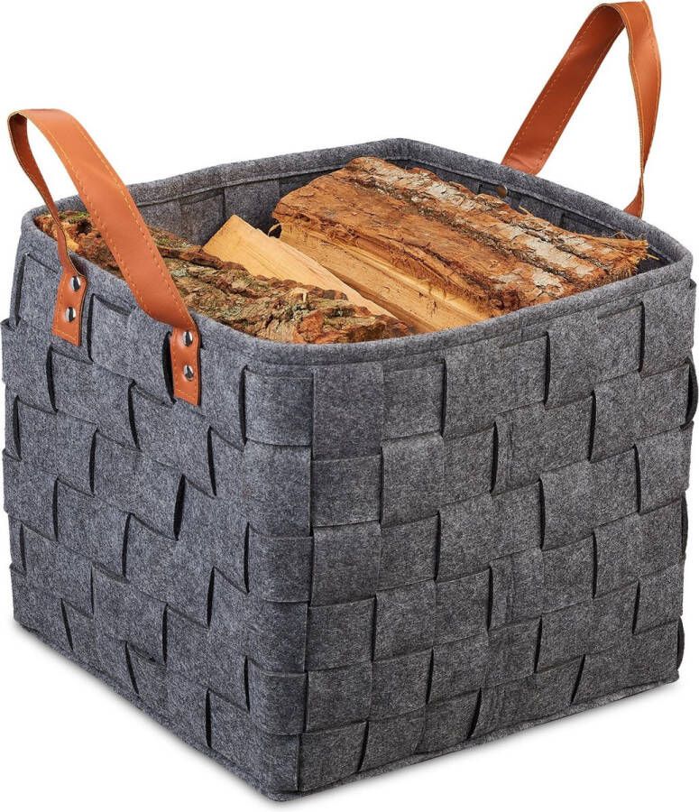 Relaxdays Vilten mand gevlochten opbergmand vilt opvouwbare houtmand met hengsels donkergrijs