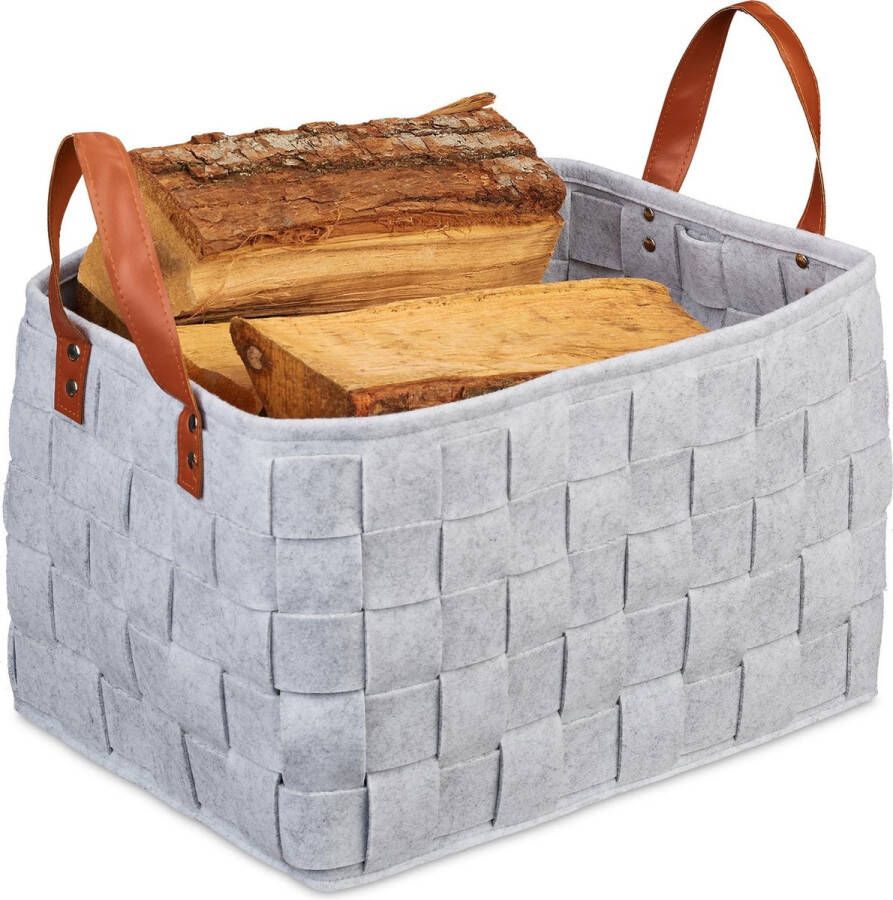 Relaxdays vilten mand opbergmand vilt houtmand groot opvouwbaar houttas Lichtgrijs