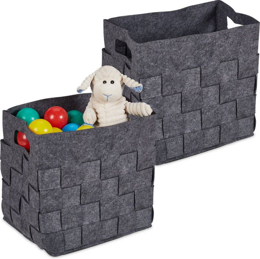 Relaxdays Vilten opbergmand set van 2 stoffen mand gevlochten design handgrepen
