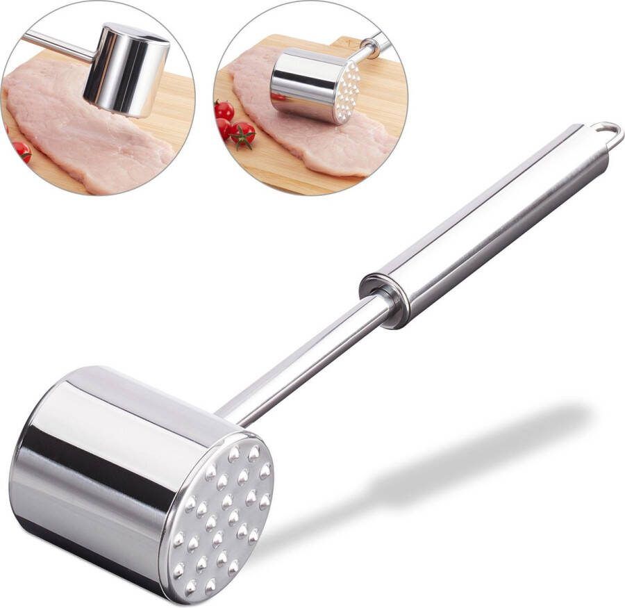 Relaxdays vleeshamer van edelstaal vleesvermalser dubbelzijdig roestvrij 28 cm