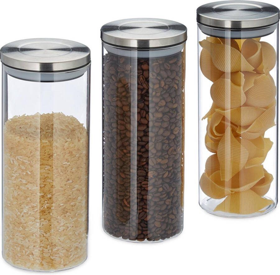 Relaxdays voorraadpot set glas 1.5 liter voorraadbus glazen pot met deksel 3 stuks