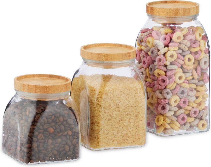 Relaxdays voorraadpotten glazenpotten bewaarpotten bamboe deksel 3 stuks glas
