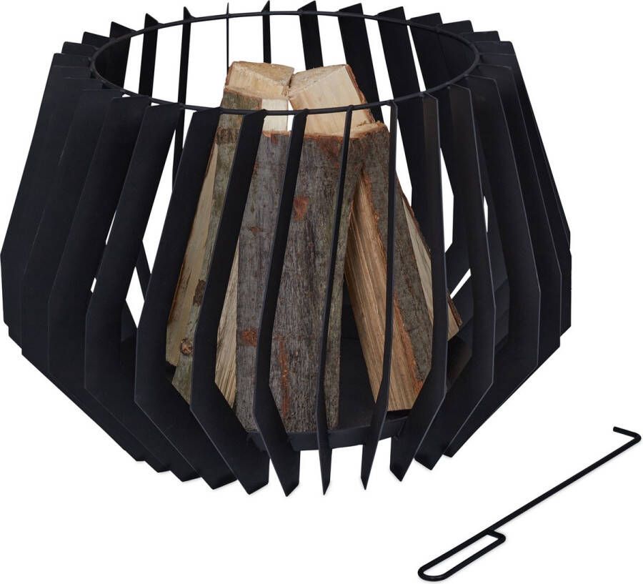 Relaxdays vuurkorf rond vuurschaal tuin met pook staal modern design zwart